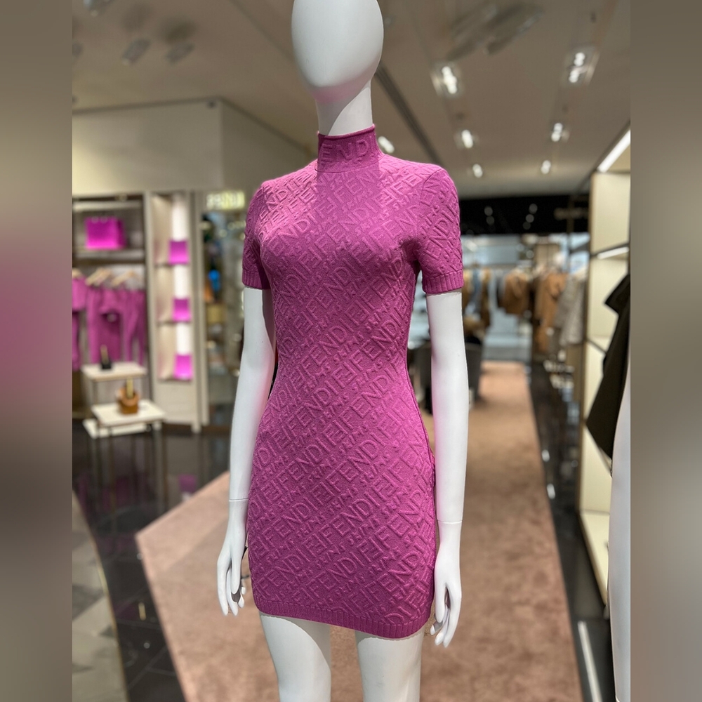 Fendi Pink Ribbed Mock Neck Mini Dress